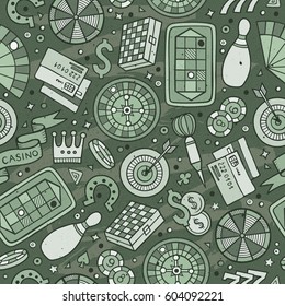 Cartoon hand-drawn casino, games seamless pattern. Lots of symbols, objects and elements. Perfect funny vector background.