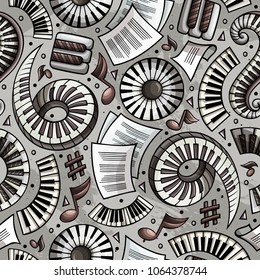 Cartoon hand-drawn Classic music seamless pattern. Lots of symbols, objects and elements. Perfect funny vector background.