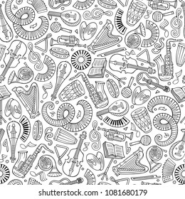 Cartoon hand-drawn Classic music seamless pattern. Lots of symbols, objects and elements. Perfect funny vector background.