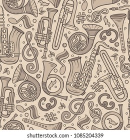 Cartoon hand-drawn Classic music seamless pattern. Lots of symbols, objects and elements. Perfect funny vector background.