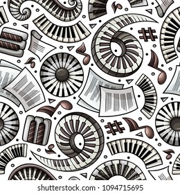Cartoon hand-drawn Classic music seamless pattern. Lots of symbols, objects and elements. Perfect funny vector background.