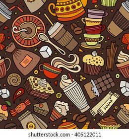 Cartoon hand-drawn coffee, coffee shop, cafe, tea, sweets seamless pattern. Lots of symbols, objects and elements. Perfect funny vector background. 