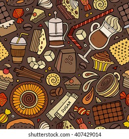 Cartoon hand-drawn coffee, coffee shop, cafe, tea, sweets seamless pattern. Lots of symbols, objects and elements. Perfect funny vector background.