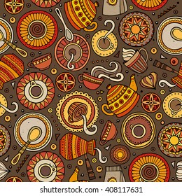 Cartoon hand-drawn coffee, coffee shop, cafe, tea, sweets seamless pattern. Lots of symbols, objects and elements. Perfect funny vector background.