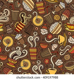 Cartoon Hand-drawn Coffee, Coffee Shop, Cafe, Tea, Sweets Seamless Pattern. Lots Of Symbols, Objects And Elements. Perfect Funny Vector Background.