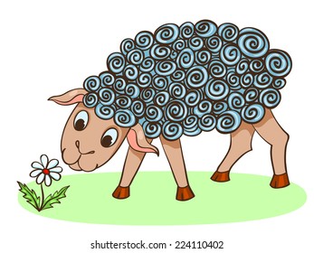 Cartoon hand-drawn cute sheep with flower. Vector illustration. Isolated on white.