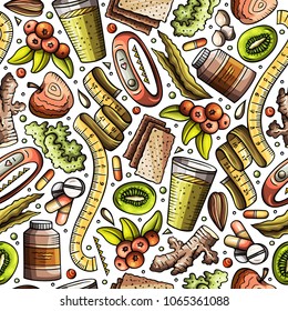 Cartoon hand-drawn Diet food seamless pattern. Lots of symbols, objects and elements. Perfect funny vector background.