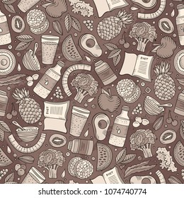Cartoon hand-drawn Diet food seamless pattern. Lots of symbols, objects and elements. Perfect funny vector background.