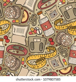 Cartoon hand-drawn Diet food seamless pattern. Lots of symbols, objects and elements. Perfect funny vector background.