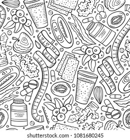 Cartoon hand-drawn Diet food seamless pattern. Lots of symbols, objects and elements. Perfect funny vector background.