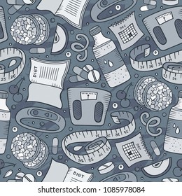 Cartoon hand-drawn Diet food seamless pattern. Lots of symbols, objects and elements. Perfect funny vector background.