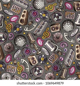 Cartoon hand-drawn Disco music seamless pattern. Lots of symbols, objects and elements. Perfect funny vector background.