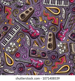 Cartoon hand-drawn Disco music seamless pattern. Lots of symbols, objects and elements. Perfect funny vector background.