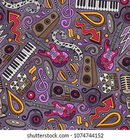 Cartoon hand-drawn Disco music seamless pattern. Lots of symbols, objects and elements. Perfect funny vector background.