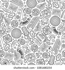 Cartoon hand-drawn Disco music seamless pattern. Lots of symbols, objects and elements. Perfect funny vector background.