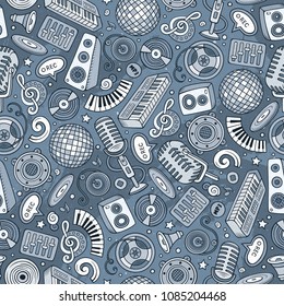 Cartoon hand-drawn Disco music seamless pattern. Lots of symbols, objects and elements. Perfect funny vector background.