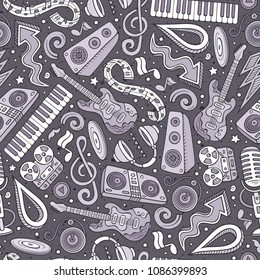 Cartoon hand-drawn Disco music seamless pattern. Lots of symbols, objects and elements. Perfect funny vector background.