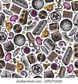 Cartoon hand-drawn Disco music seamless pattern. Lots of symbols, objects and elements. Perfect funny vector background.