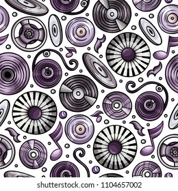 Cartoon hand-drawn Disco music seamless pattern. Lots of symbols, objects and elements. Perfect funny vector background.