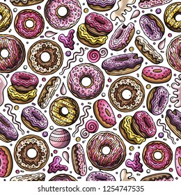 Cartoon hand-drawn donuts seamless pattern. Lots of symbols, objects and elements. Perfect funny vector background.