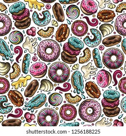 Cartoon hand-drawn donuts seamless pattern. Lots of symbols, objects and elements. Perfect funny vector background.