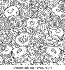 Cartoon hand-drawn donuts seamless pattern. Black and white design for menu, cafe decoration, textile, wallpaper, fabric and delivery box glazed cover. Glazed bakery setting vector background