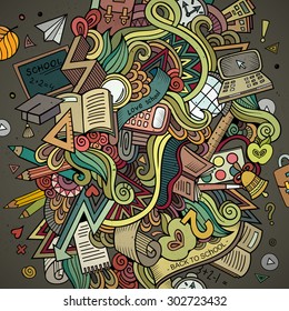 Cartoon hand-drawn Doodle on the subject of education. Design background with school objects and symbols. Vector illustration.