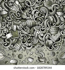 Cartoon hand-drawn doodles cafe, coffee shop illustration. Graphic detailed, with lots of objects vector frame background