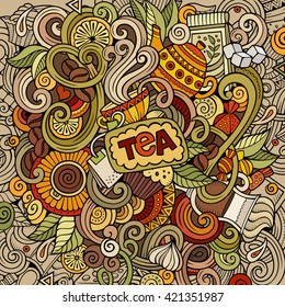 Cartoon hand-drawn doodles cafe, coffee shop illustration. Colorful detailed, with lots of objects vector design background
