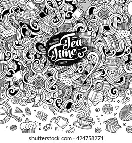 Cartoon hand-drawn doodles cafe, coffee shop illustration. Line art detailed, with lots of objects vector design background