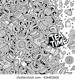 Cartoon hand-drawn doodles cafe, coffee shop illustration. Line art detailed, with lots of objects vector design background