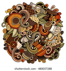 Cartoon hand-drawn doodles cafe, coffee shop illustration. Colorful detailed, with lots of objects vector design background