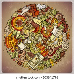 Cartoon hand-drawn doodles cafe, coffee shop illustration. Colorful detailed, with lots of objects vector design background