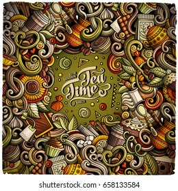 Cartoon hand-drawn doodles cafe, coffee shop illustration. Colorful detailed, with lots of objects vector frame background