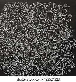 Cartoon hand-drawn doodles camping illustration. Chalkboard detailed, with lots of objects vector design background