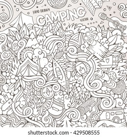 Cartoon hand-drawn doodles camping illustration. Line art detailed, with lots of objects vector design background