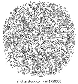 Cartoon hand-drawn doodles camping illustration. Line art detailed, with lots of objects vector design background