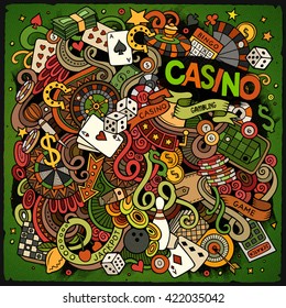 Cartoon hand-drawn doodles casino, gambling illustration. Colorful detailed, with lots of objects vector design background