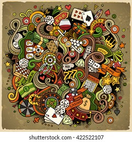 Cartoon hand-drawn doodles casino, gambling illustration. Colorful detailed, with lots of objects vector design background