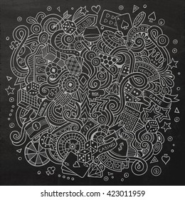 Cartoon hand-drawn doodles casino, gambling illustration. Chalkboard detailed, with lots of objects vector design background
