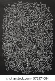 Cartoon hand-drawn doodles casino, gambling illustration. Chalkboard detailed, with lots of objects vector design background
