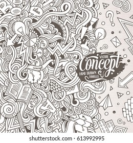 Cartoon hand-drawn doodles Concept illustration. Line art frame detailed, with lots of objects vector design background