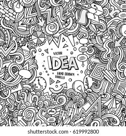Cartoon hand-drawn doodles Concept illustration. Line art frame detailed, with lots of objects vector design background