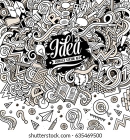Cartoon hand-drawn doodles Concept illustration. Line art frame detailed, with lots of objects vector design background