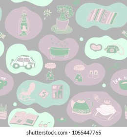 Cartoon hand-drawn doodles with cartoon decorative elements and bubbles, line art seamless vector pattern
