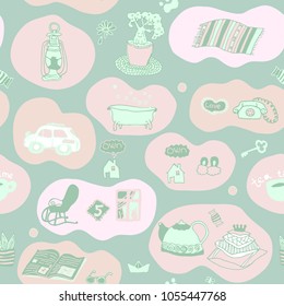 Cartoon hand-drawn doodles with cartoon decorative elements and bubbles, line art seamless vector pattern