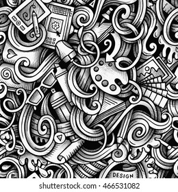 Cartoon hand-drawn doodles Design and Art seamless pattern. Line art trace detailed, with lots of objects vector background