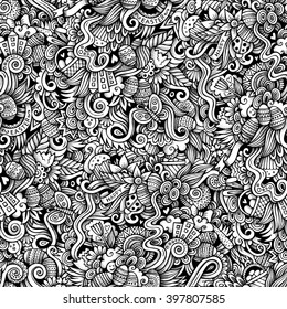 Cartoon hand-drawn doodles Easter seamless pattern. Line art trace detailed, with lots of objects vector background