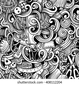 Cartoon hand-drawn doodles hand made, sewing seamless pattern. Line art trace detailed, with lots of objects vector background