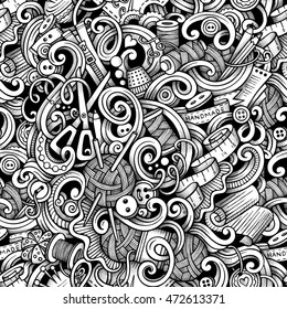 Cartoon hand-drawn doodles handmade, sewing seamless pattern. Line art trace detailed, with lots of objects vector background